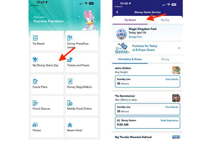 Prints de como comprar e agendar as atrações que fazem parte do Genie+ e as Lightning Lanes individuais